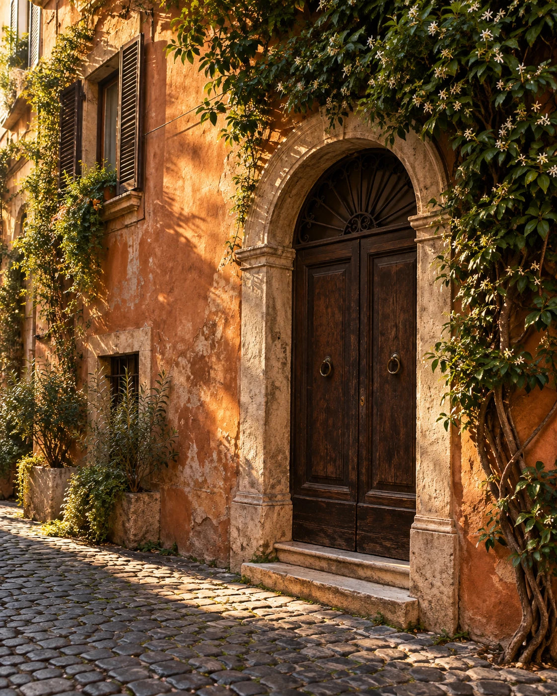 Interpretazione editoriale di un portone e delle facciate di Trastevere